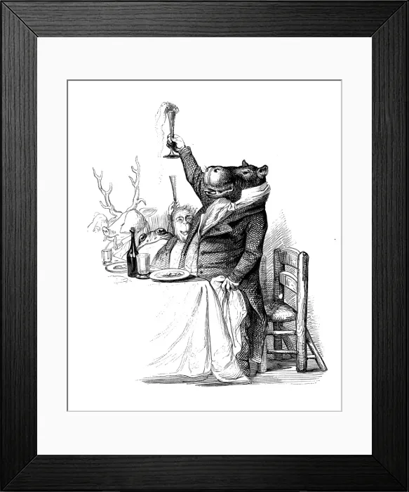 Framed Print : Humanized animals illustrations: Hippo toasting Framed Print : Humanized animals illustrations: Hippo toasting