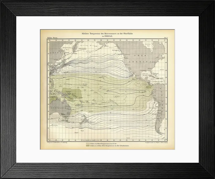 Framed Print : February Mean Temperature of Seawater at the Surface Chart, Pacific Ocean, German Antique Victorian Engraving, 1896 Framed Print : February Mean Temperature of Seawater at the Surface Chart, Pacific Ocean, German Antique Victorian Engraving, 1896