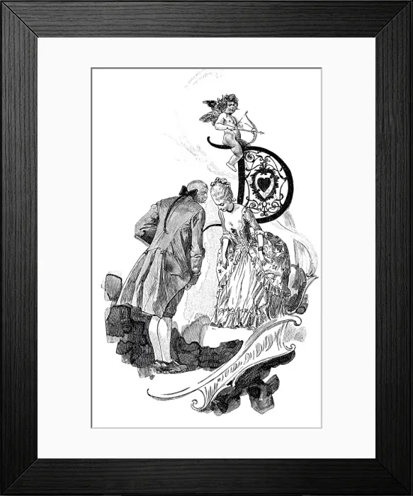 Framed Print : Man greeting a woman, with letter D as symbol on the upper right edge Framed Print : Man greeting a woman, with letter D as symbol on the upper right edge