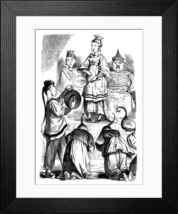 Framed Print : Chinese Empress surrounded by their servants takes part in the ceremony. Men dressed in traditional Chinese costumes give a deep greeting in the direction of the Empress - Illustration 1867