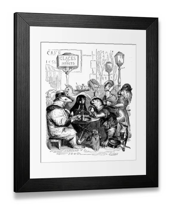 Framed Print : Humanized animals illustrations: Seals and sloth at cafA Framed Print : Humanized animals illustrations: Seals and sloth at cafA