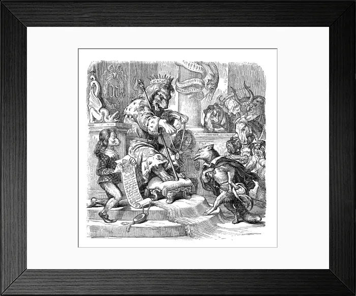 Framed Print : Humanized animals illustrations: Lion king giving medal to fox