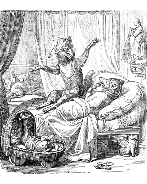 Fairy tale Reineke Fuchs: Fox family lying in bed