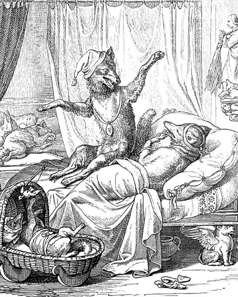 Fairy tale Reineke Fuchs: Fox family lying in bed