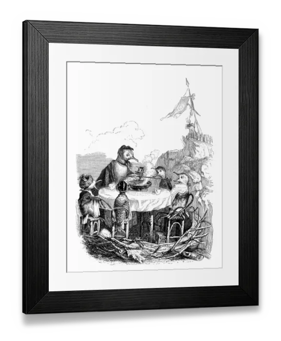 Framed Print : Humanized animals illustrations: bird feeding Framed Print : Humanized animals illustrations: bird feeding