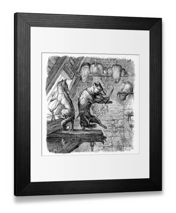 Framed Print : Humanized animals illustrations: Fox stealing Framed Print : Humanized animals illustrations: Fox stealing