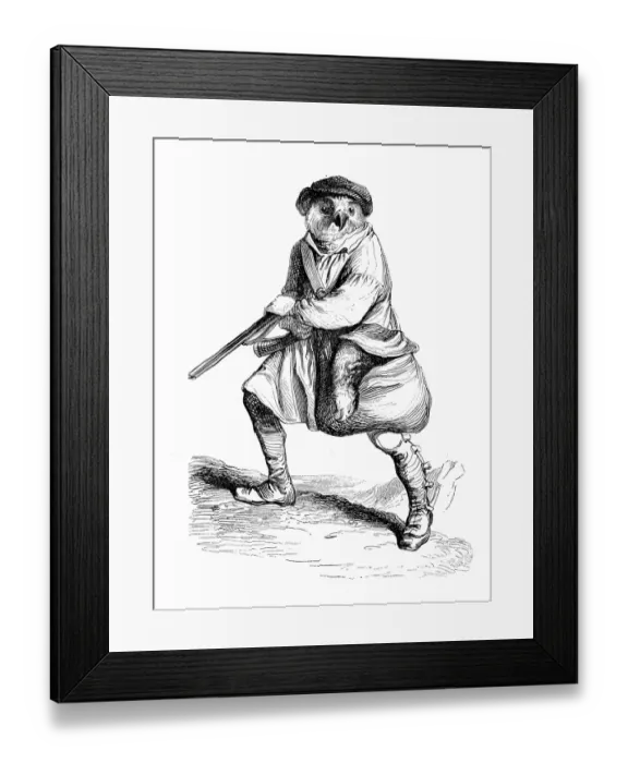 Framed Print : Humanized animals illustrations: bird hunter Framed Print : Humanized animals illustrations: bird hunter