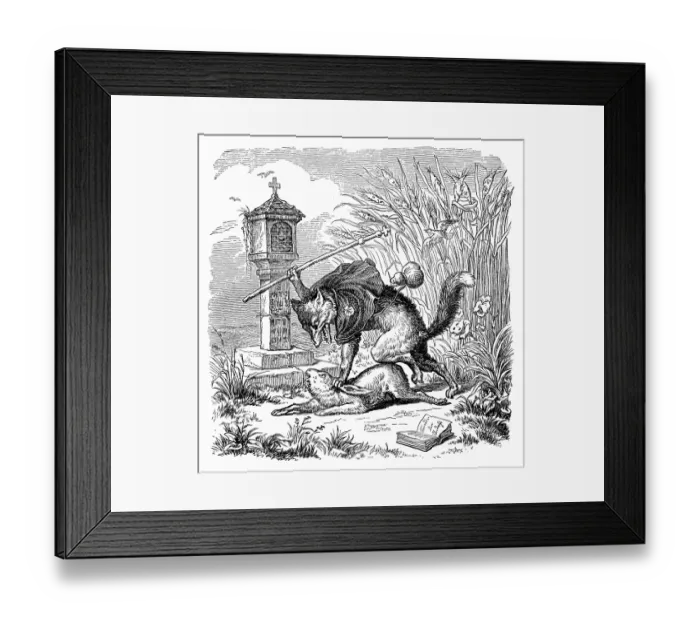 Framed Print : Humanized animals illustrations: Fox beating hare Framed Print : Humanized animals illustrations: Fox beating hare