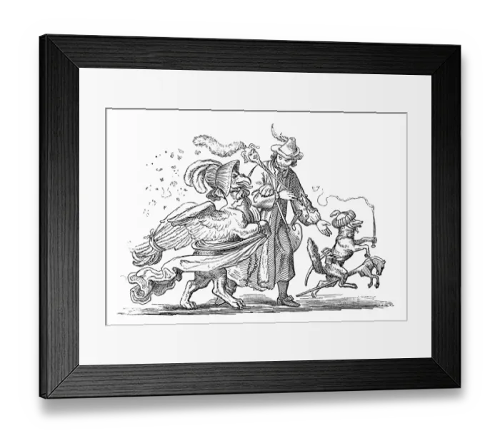 Framed Print : Humanized animals illustrations: Man with bird and fox Framed Print : Humanized animals illustrations: Man with bird and fox