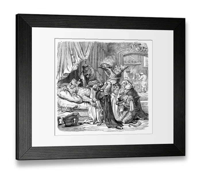 Framed Print : Humanized animals illustrations: Dying lion king Framed Print : Humanized animals illustrations: Dying lion king