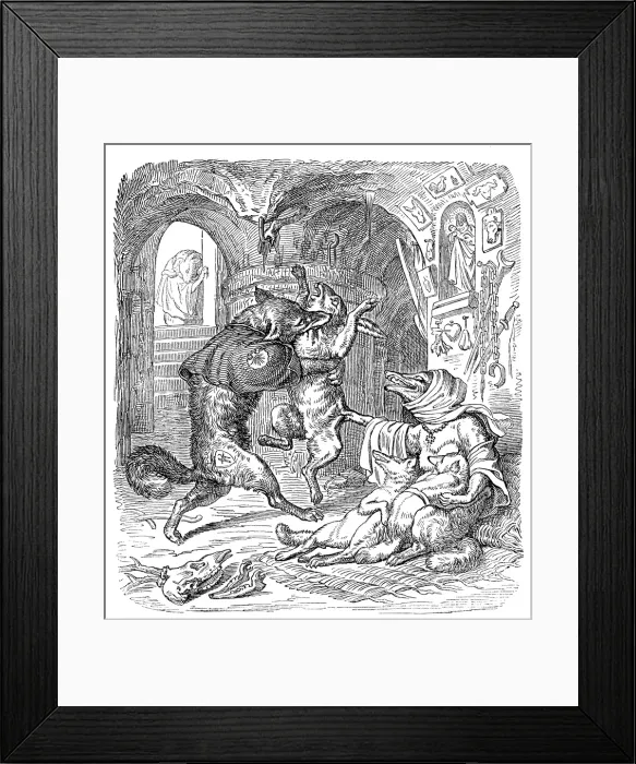 Framed Print : Humanized animals illustrations: Fox killing hare Framed Print : Humanized animals illustrations: Fox killing hare