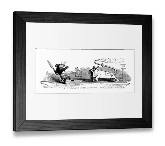 Framed Print : Humanized animals illustrations: Mouse with mechanical cat Framed Print : Humanized animals illustrations: Mouse with mechanical cat