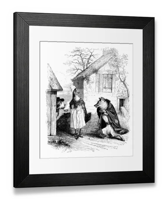 Framed Print : Humanized animals illustrations: fox with chicken Framed Print : Humanized animals illustrations: fox with chicken