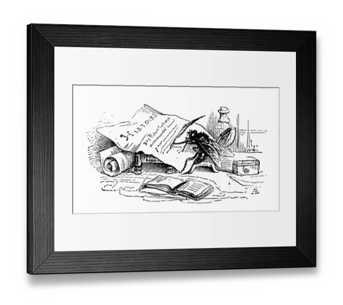 Framed Print : Humanized animals illustrations: Fly writing Framed Print : Humanized animals illustrations: Fly writing