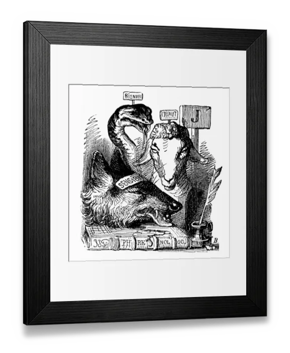Framed Print : Humanized animals illustrations: Fox, sheep, snake Framed Print : Humanized animals illustrations: Fox, sheep, snake