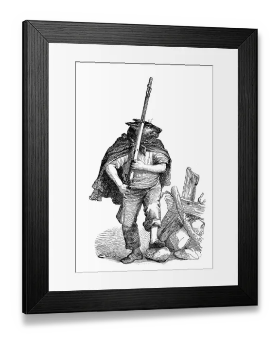 Framed Print : Humanized animals illustrations: Fox with rifle Framed Print : Humanized animals illustrations: Fox with rifle