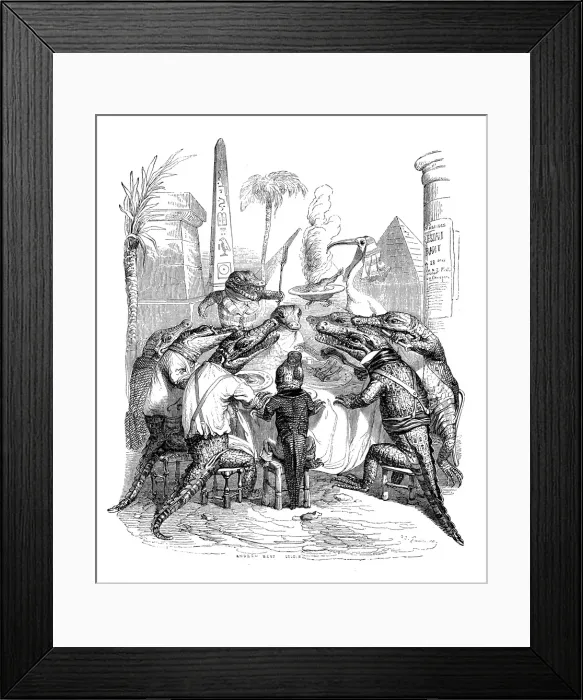 Framed Print : Humanized animals illustrations: Egyptian Crocodiles eating Framed Print : Humanized animals illustrations: Egyptian Crocodiles eating