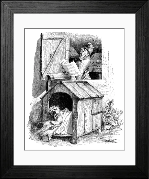 Framed Print : Humanized animals illustrations: Dog woke up by rooster Framed Print : Humanized animals illustrations: Dog woke up by rooster