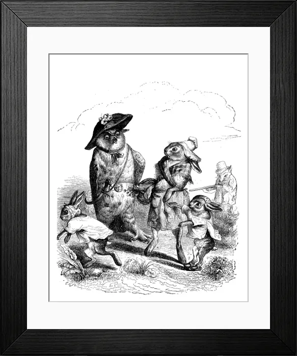 Framed Print : Humanized animals illustrations: Hares and owl Framed Print : Humanized animals illustrations: Hares and owl