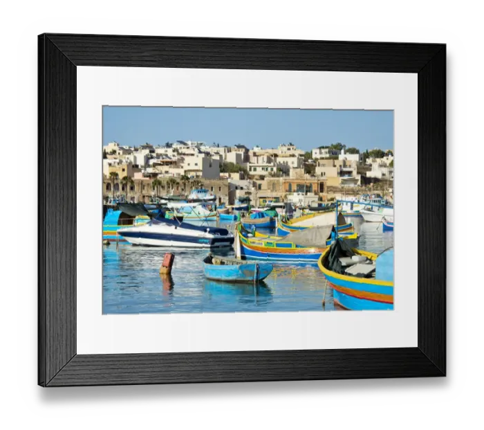 Framed Print : Traditional Maltese fishing boats, Marsaxlokk town Framed Print : Traditional Maltese fishing boats, Marsaxlokk town