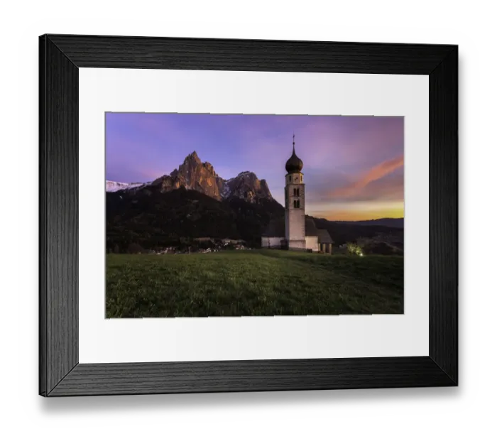 Framed Print : Sunset scenery of Church St. Valentin at Kastelruthand jagged rocks of Schlern background Framed Print : Sunset scenery of Church St. Valentin at Kastelruthand jagged rocks of Schlern background