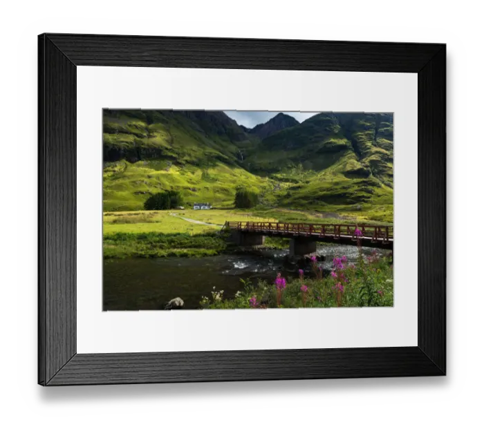 Framed Print : Bridge crossing the river Coe to cottage at Glencoe Highlands, Scotland Framed Print : Bridge crossing the river Coe to cottage at Glencoe Highlands, Scotland
