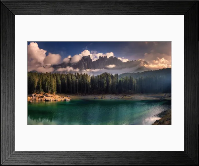 Framed Print : Lake Carezza and dramatic sky Framed Print : Lake Carezza and dramatic sky