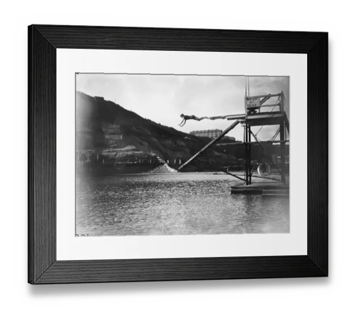 Framed Print : High Dive. A high dive into the bathing pool at the South Cliff, Scarborough, Yorkshire Framed Print : High Dive. A high dive into the bathing pool at the South Cliff, Scarborough, Yorkshire