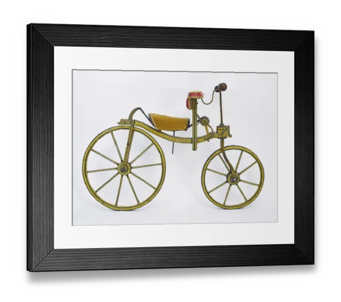 Framed Print : Laufmaschine 1820 Osterreich, Austria, 1820, side view, drive side. No gears, Frame: wood, Wheel size back: 71cm / front: 58cm Special features - only used by very wealthy, hence the luxurious padded seats, and ornamental detailing Framed Print : Laufmaschine 1820 Osterreich, Austria, 1820, side view, drive side. No gears, Frame: wood, Wheel size back: 71cm / front: 58cm Special features - only used by very wealthy, hence the luxurious padded seats, and ornamental detailing