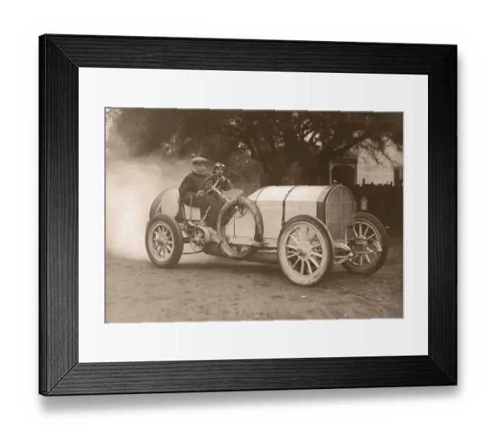 Framed Print : Two men driving race car (B&W sepia tone) Framed Print : Two men driving race car (B&W sepia tone)