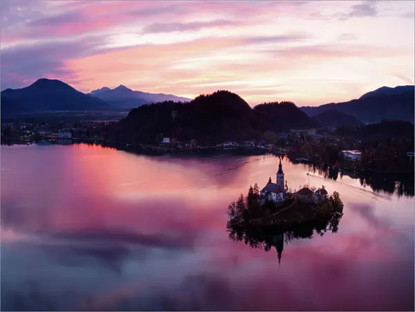 Aerial view of lake Bled at sunrise, Slovenia