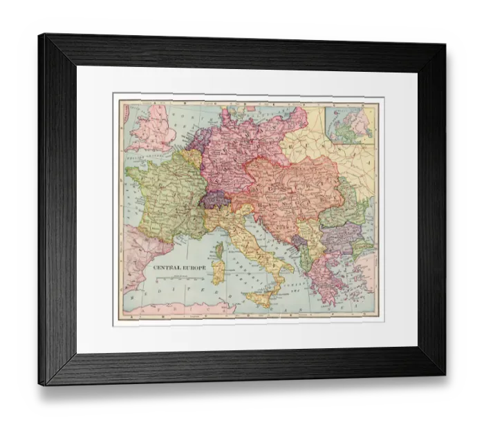 Framed Print : Central Europe map 1892 Framed Print : Central Europe map 1892