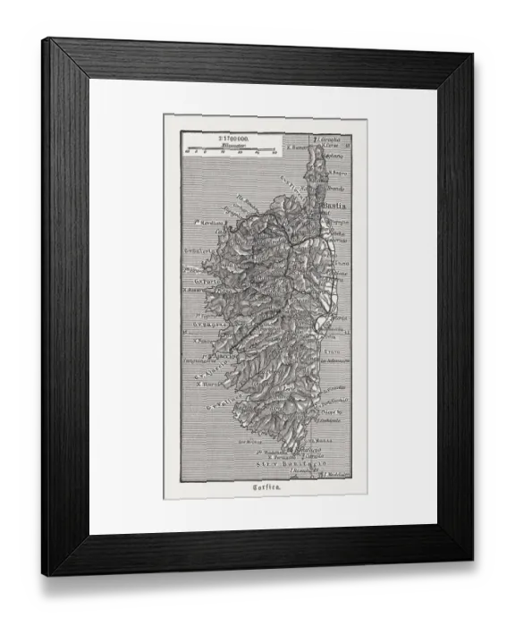 Framed Print : Map of the island Corsica, France, wood engraving, published in 1897 Framed Print : Map of the island Corsica, France, wood engraving, published in 1897