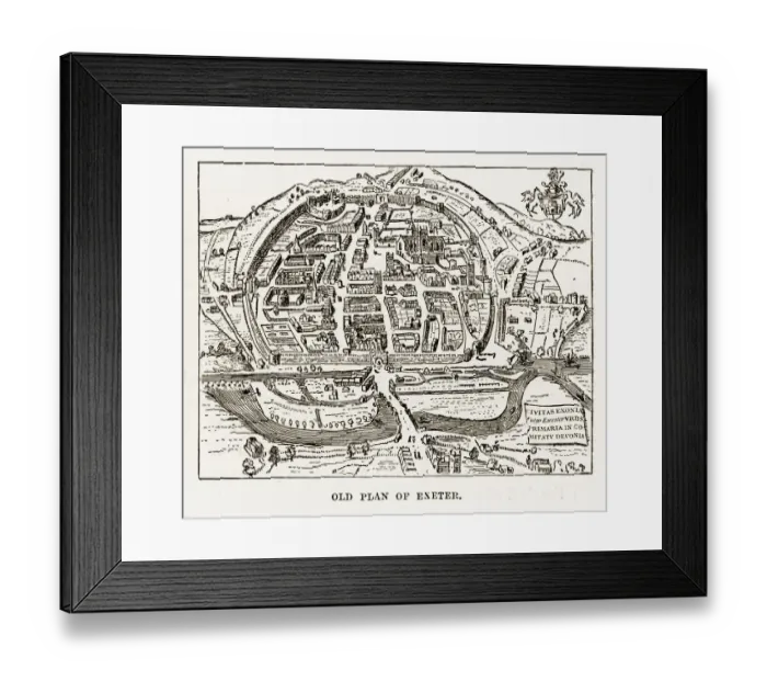 Framed Print : Old Plan of Exeter in Devon, England Victorian Engraving, 1840 Framed Print : Old Plan of Exeter in Devon, England Victorian Engraving, 1840