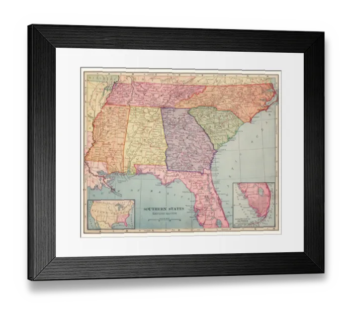 Framed Print : Southern states map 1892 Framed Print : Southern states map 1892