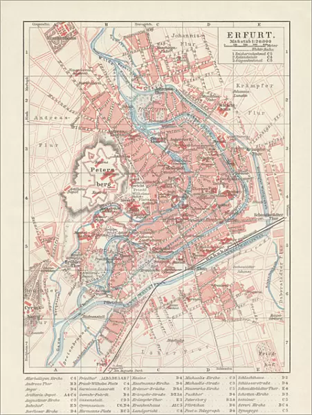 City map of Erfurt, Germany, lithograph, published in 1897