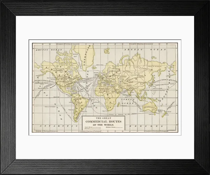 Framed Print : Map of the commerce routes of the world 1889 Framed Print : Map of the commerce routes of the world 1889