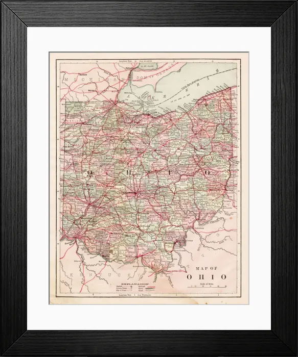 Framed Print : Map of the Ohio state USA 1881 Framed Print : Map of the Ohio state USA 1881
