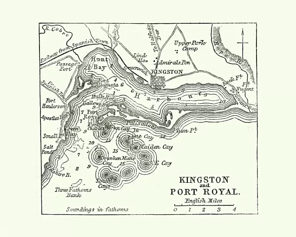 Map of Kingston and Port Royal, Jamaica, 19th Century