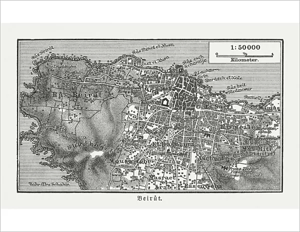 Historic city map of Beirut, Lebanon, wood engraving, published 1897