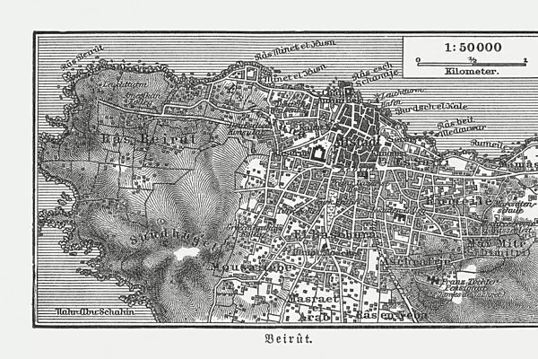 Historic city map of Beirut, Lebanon, wood engraving, published 1897