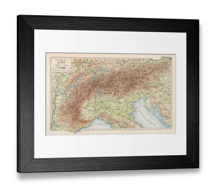 Framed Print : Topographic map of the European Alps, lithograph, published in 1897