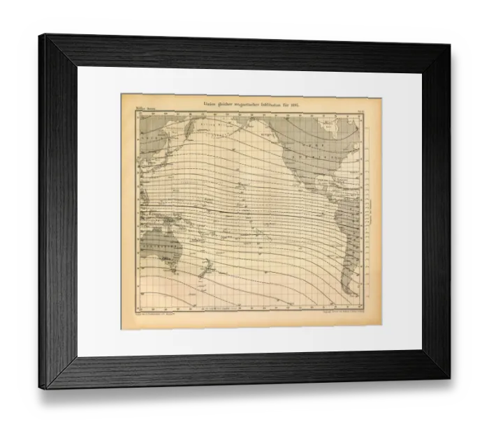Framed Print : Lines of Equal Magnetic Inclination in 1895 Chart, Pacific Ocean, German Antique Victorian Engraving, 1896 Framed Print : Lines of Equal Magnetic Inclination in 1895 Chart, Pacific Ocean, German Antique Victorian Engraving, 1896