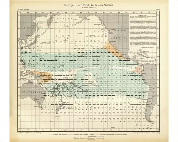 January Frequency of Winds in Relative Values Chart, Pacific Ocean, German Antique Victorian Engraving, 1896