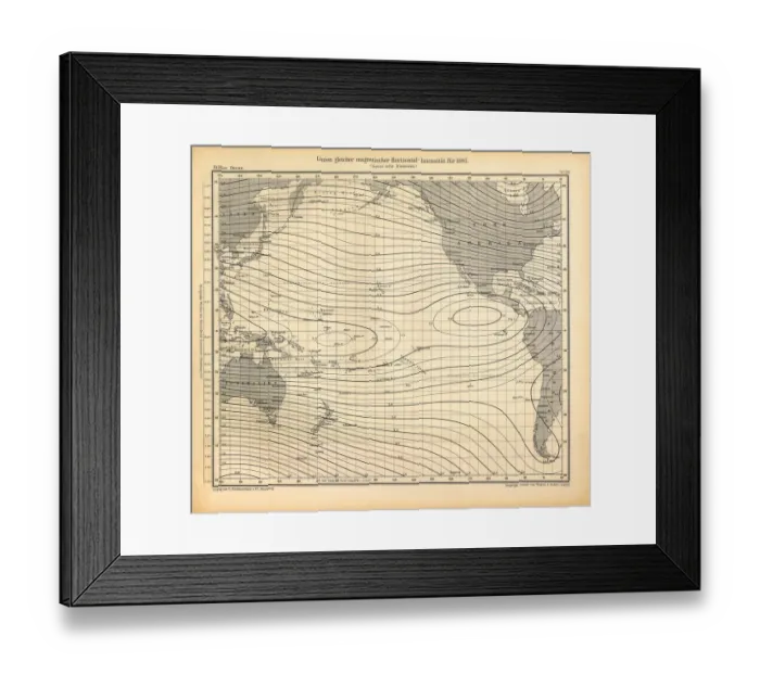 Framed Print : Lines of Equal Magnetic Horizontal Intensity in 1895 Chart, Pacific Ocean, German Antique Victorian Engraving, 1896 Framed Print : Lines of Equal Magnetic Horizontal Intensity in 1895 Chart, Pacific Ocean, German Antique Victorian Engraving, 1896