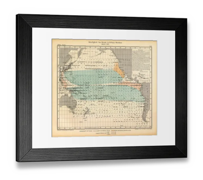 Framed Print : July Frequency of Winds in Relative Values Chart, Pacific Ocean, German Antique Victorian Engraving, 1896