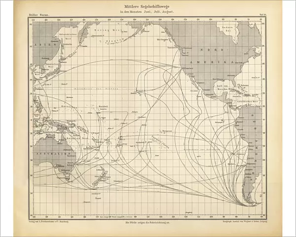 June, July and August Sailing Ship Routes Chart, Pacific Ocean, German Antique Victorian Engraving, 1896