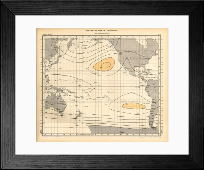 Framed Print : Annual Mean Air Pressure Chart, Pacific Ocean, German Antique Victorian Engraving, 1896 Framed Print : Annual Mean Air Pressure Chart, Pacific Ocean, German Antique Victorian Engraving, 1896