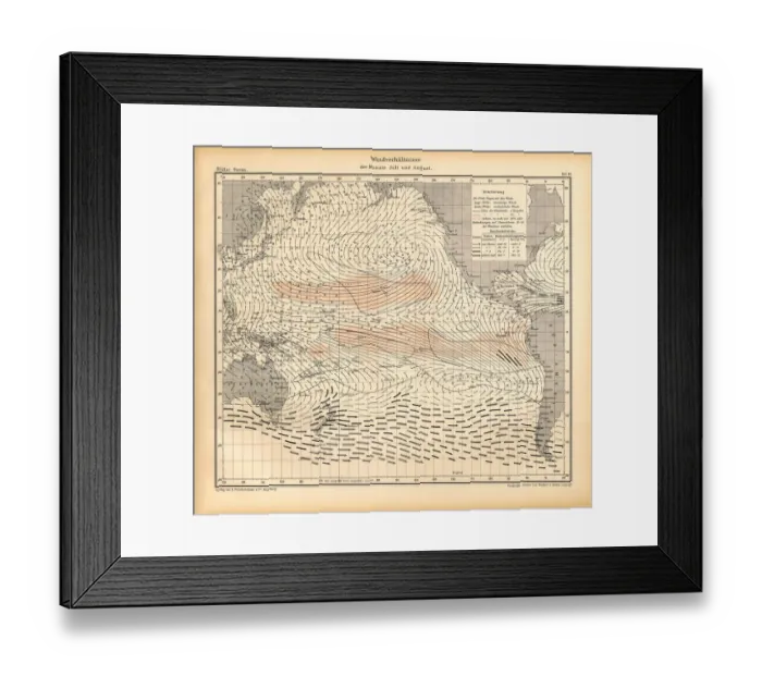 Framed Print : July and August Wind Patterns and Conditions Chart, Pacific Ocean, German Antique Victorian Engraving, 1896 Framed Print : July and August Wind Patterns and Conditions Chart, Pacific Ocean, German Antique Victorian Engraving, 1896