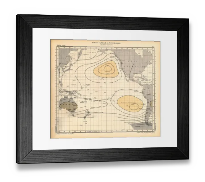 Framed Print : July and August Air Pressure Chart, Pacific Ocean, German Antique Victorian Engraving, 1896